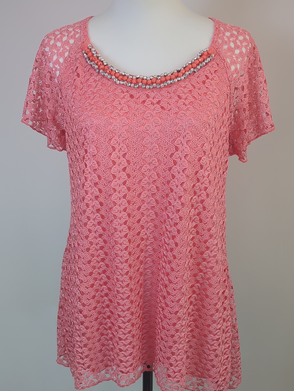 Brittany Black Coral Pink Lace Overlay Blouse Scoop Neck Beaded Embellished Top